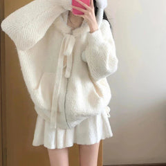 Aiertu Kawaii Sweet Knitted Cardigan Women Elegant Zip Up Hooded Cardigan Cute Japanese Style Solid Autumn Winter Sweater Coat Aiertu