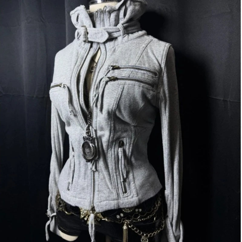 AIERTU  -  Women's Y2K Hoodie Grey Slim Fit Waist Cinched Zip Up High Neck Multi Zipper Streetwear Cropped Sweatshirt Fall Sudaderas Aiertu