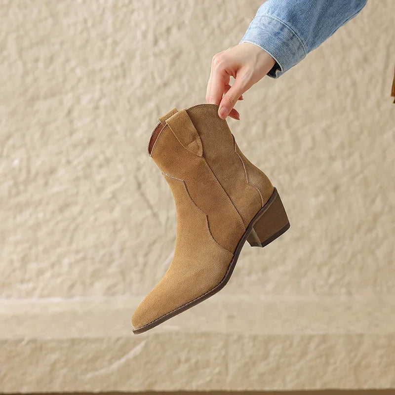 Aiertu Winter Classic Chelsea Boots for Woman Cow Suede Pointy Toe Wedge Heel Ankle Boots Simple Comfortable Cowboy Boots Female Aiertu