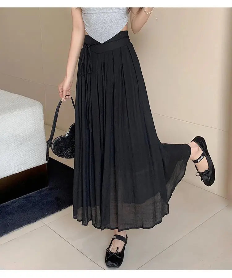 Aiertu Women Elegant High Waist Maxi Lace Up Skirt Summer Ladies Casual Elastic Waist Pleated Long Skirts Fairy A-line Mid Length Aiertu