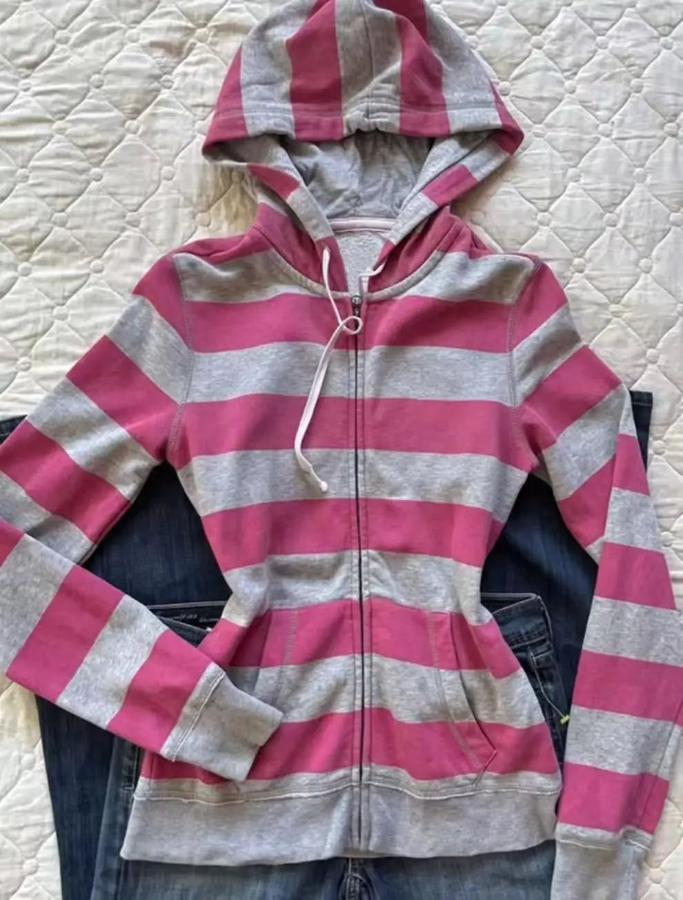AIERTU  -  High Street Hoodie Women's Punk Slim Vintgae Clothes 90s Pink Stripe Zip Up Hoody Y2k Tops Grunge Korea Sweatshirt Gothic Hooded Aiertu