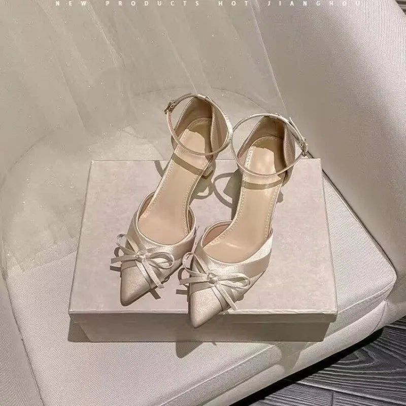 AIERTU  -  Women Pumps White Wedding Shoes Bride Luxury Satin Butterfly-knot Pointed Toe Adjustable Slingback Heels Elegant Women Heels Aiertu