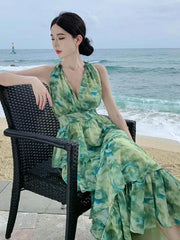 Aiertu Summer Green Tie Dye Sleeveless Halter Bandage Holiday Dress Women Temperament Slim Fashion Sweet Cake Long Dress 2023 Bohemian Aiertu