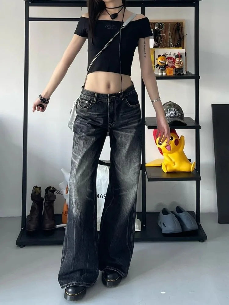 Aiertu Grunge Y2k Black Jeans Women Baggy Vintage High Street Oversized Denim Trousers Gothic Gyaru 2000s Acubi Fashion Jeans Aiertu