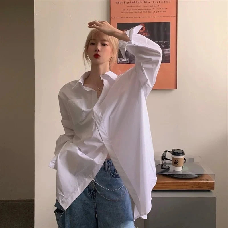 Aiertu Streetwear White Shirts Women Harajuku Oversized Bandage Long Sleeve Blouses Korean Fashion Elegant Casual Chic Tops Spring New Aiertu