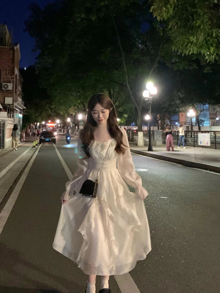 Aiertu Solid Elegant Fairy Dress Women Flare Sleeve Sweet Princess Midi Dress Ladies High-waisted Chic Evening Party Dress Summer Aiertu