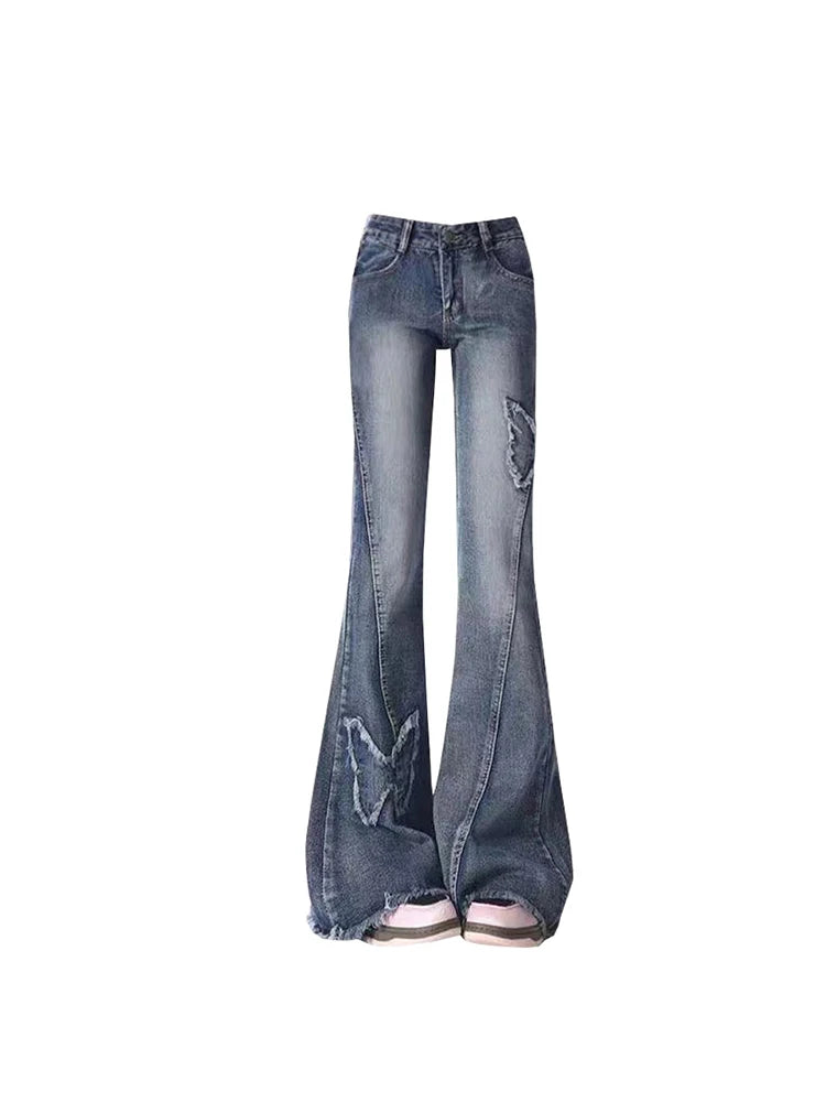 Aiertu Women's Blue Flare Jeans Baggy Vintage 90s Aesthetic Low Waist Cowboy Pants Harajuku Denim Trousers Y2k Trashy Emo 2000s Clothes Aiertu