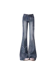 Aiertu Women's Blue Flare Jeans Baggy Vintage 90s Aesthetic Low Waist Cowboy Pants Harajuku Denim Trousers Y2k Trashy Emo 2000s Clothes Aiertu