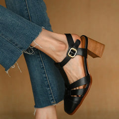 Aiertu Summer Sandals Female Retro Sandals Buckle Strap Womens Pumps Cowhide Ladies Shoes Spring Autumn Gladiator Sandal Roman Style Aiertu
