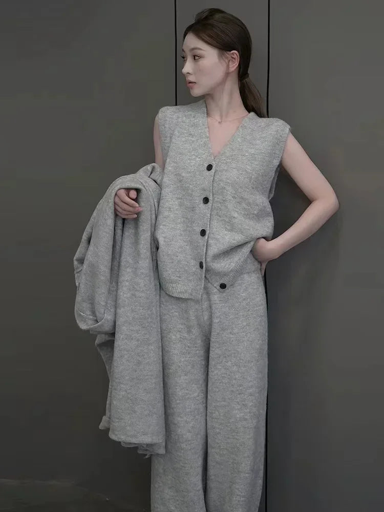 Aiertu New Autumn Winter Women Knitted Three Piece Set Cardigan Sweater + Single Breasted Vest Tops And Wide Leg Pants Fashion Elegant Aiertu