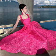 Aiertu Summer New Women French Rose Red Elegant Jacquard Evening Party Dresses Square Neck Backless Princess Birthday Long Dress Simple Aiertu