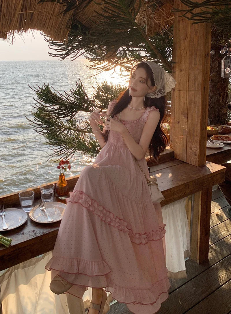 Aiertu Vintage Elegant Dot Pink Dress Women Ruffles Kawaii Y2k Short Party One Piece Dress Female Princess Korea Fashion Casual Clothes Aiertu