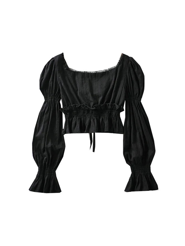 Aiertu French Pleated Lantern Long Sleeve Shirt For Women's 2022 Spring And Autumn New Vintage White Square Collar Blouse Tops Female Aiertu