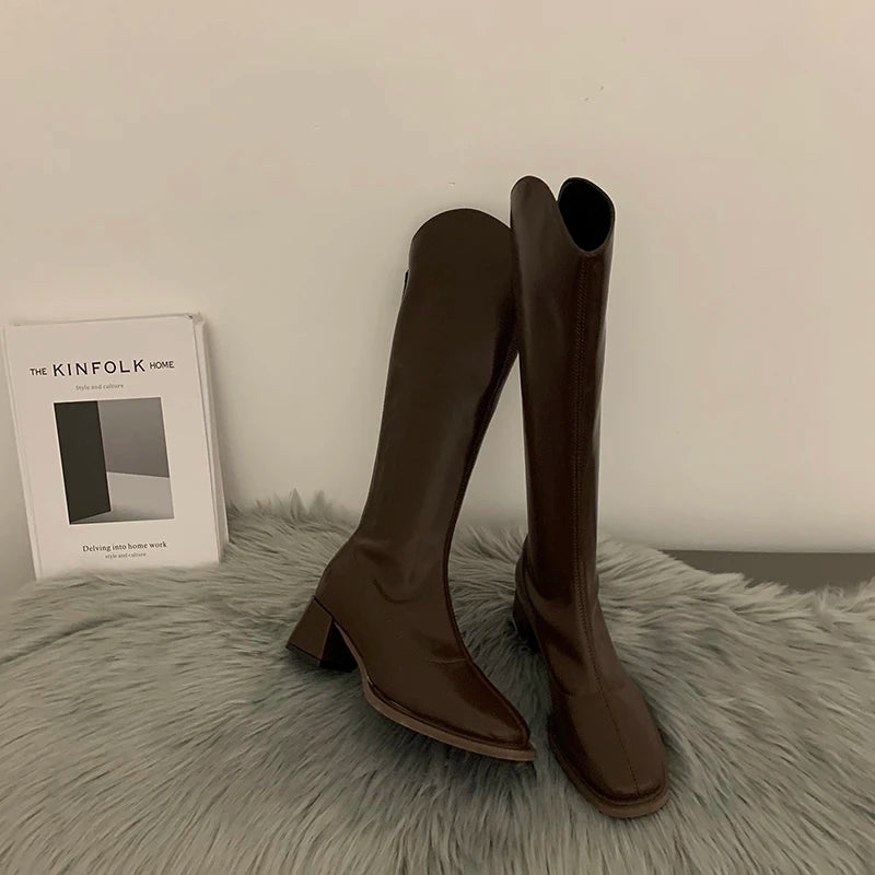 Designer Square Heel Women Knee High Boots Fashion Elegant Back Zippers Shoes Autumn Women's Modern Long Booties Aiertu