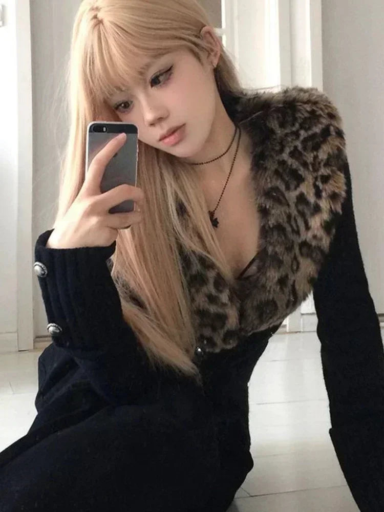 Leopard Cardigan Women Japanese Gyaru V-neck Long Sleeve Streetwear Slim Sexy Cardigan Sweater Y2k Vintage Top Autumn Aiertu