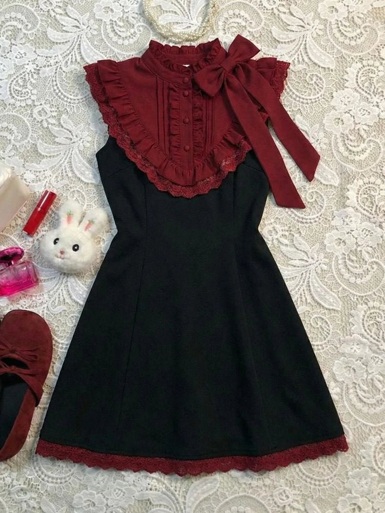 AIERTU  -  Gentle Sweet Sexy Dress Bow Ruffle 2000s Summer Korea Harajuku Aesthetic Femme Women Clothes Slim Girdling Waist Lace Tank Dress Aiertu
