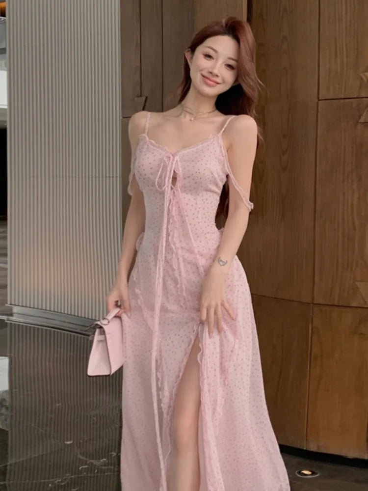 Aiertu Sweet Gentle Style Dresses V-neck Suspender Dress Ruffled Edges Loose Fluttering Straps Split Super Fairy Long Vestido Aiertu