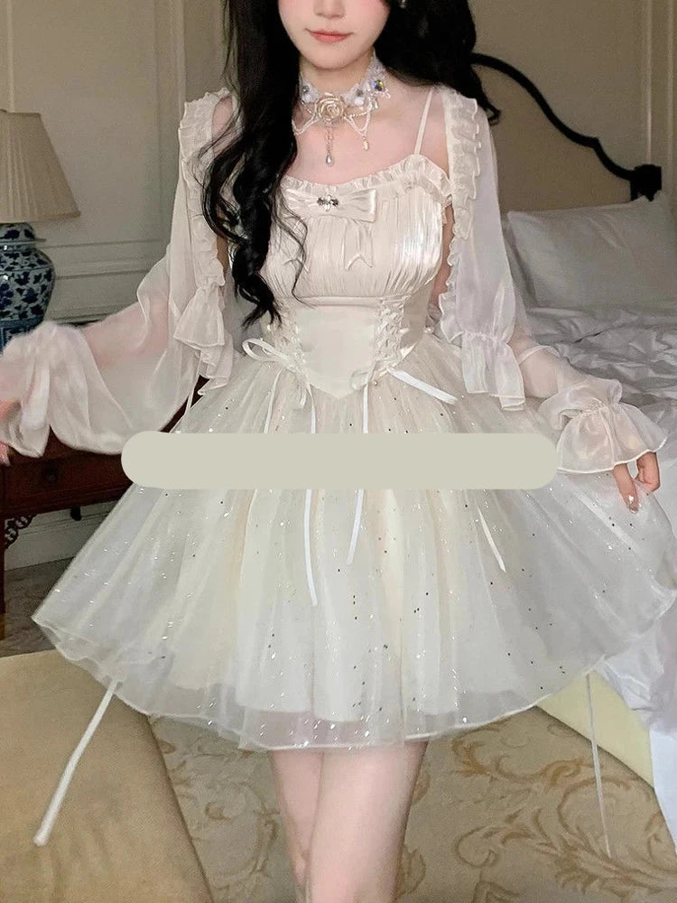 Sweet Japanese Sequined Slip Dress Women Mesh Patchwork Sexy Princess Mini Dress Female Summer Casual Elegant Party Dresses Aiertu