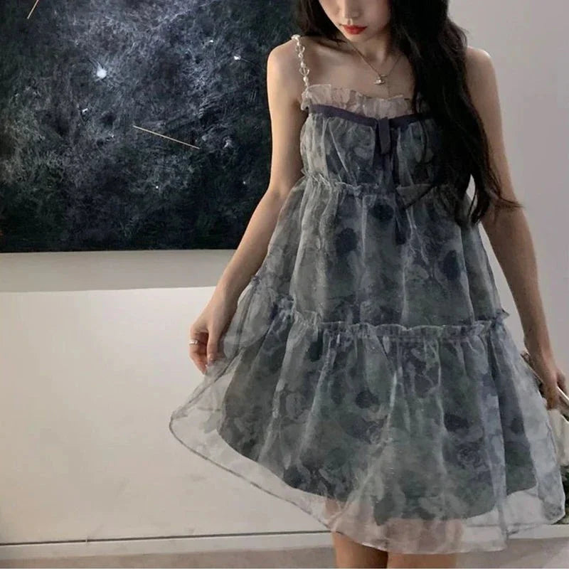 Aiertu - Roses and Petals and Thorns Pink Floral Mini Dress Goth Dress Dark Academia Kawaii Academia Y2K Cottagecore Coquette Fairycore Dollette Princesscore Aiertu