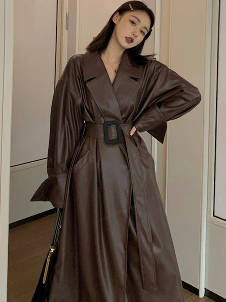 Lautaro Long oversized leather trench coat for women long sleeve lapel loose fit Fall Stylish black women clothing streetwear Aiertu