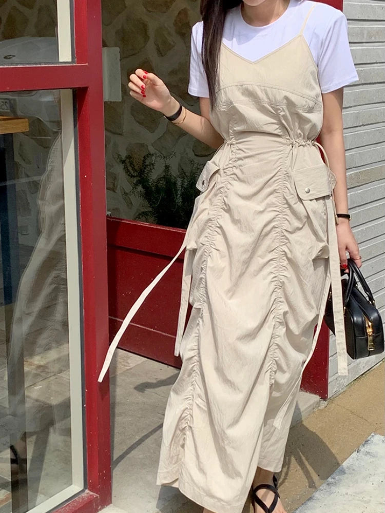 Aiertu Korean Fashion New Summer Dress Women Pleated Design Large Pockets Waisted Midi Dress Female Sleeveless Solid Black Long Dresses Aiertu
