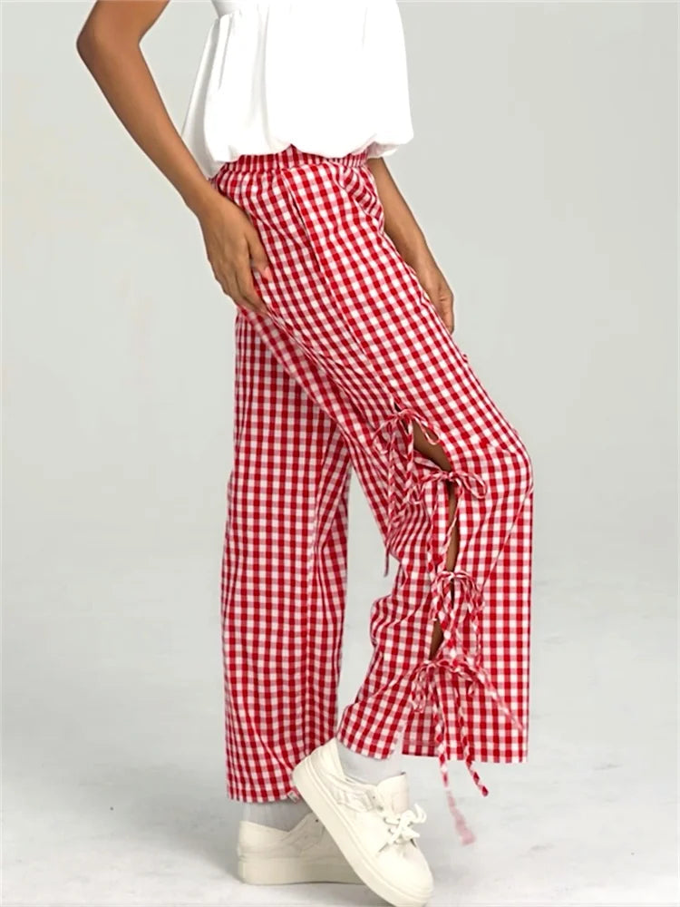 AIERTU  -  Women Plaid Wide Leg Pants Side Tie-Up Hollow-Out Loose Straight Trousers Bottoms Spring Summer Fashion Casual Sweatpants Aiertu