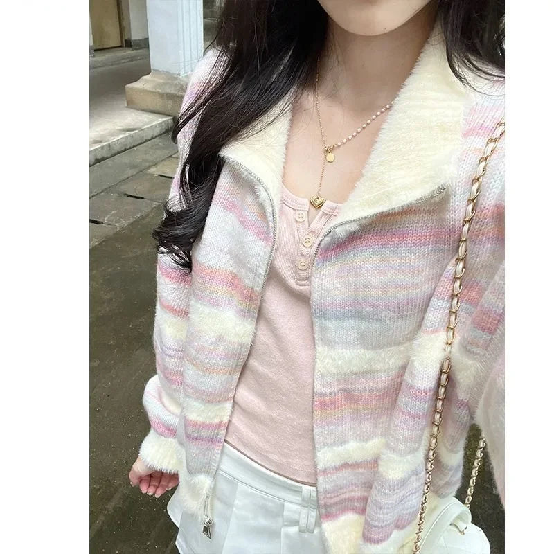Autumn Chic Fashion Rainbow Striped Turn Down Collar Women Sweater Contrast Color Sweet Knitted Cardigan Tops Mujer Aiertu