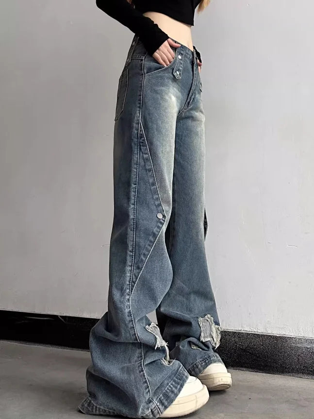 Aiertu Y2K Harajuku Wide Leg High Waist Flared Jeans Slim Ripped Pants Winter Women's Vintage Streetwear Style Denim Trouser Aiertu