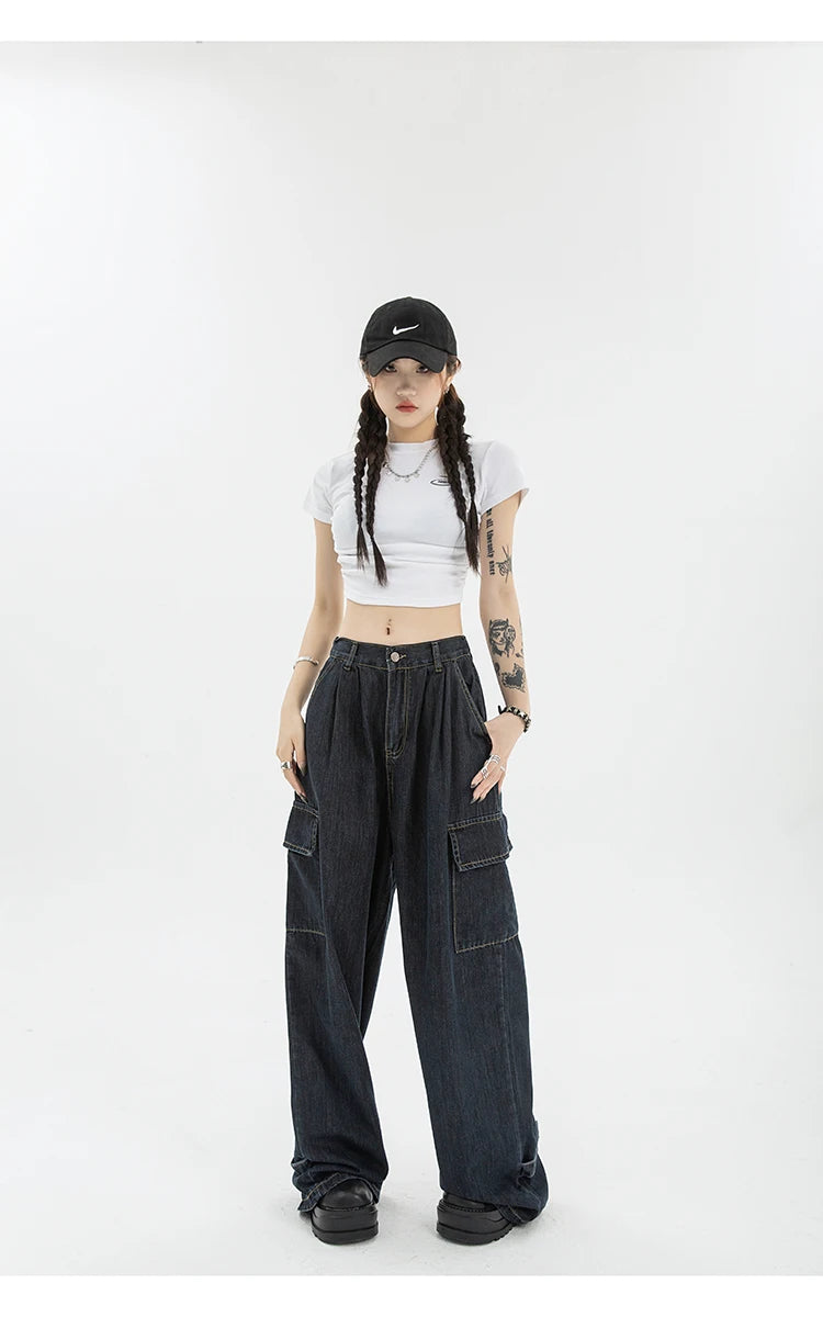 Aiertu Autumn Women Harajuku Cargo Baggy Blue Jeans Streetwear Hip Hop Oversize Casual Wide Leg Vintage Demin Pants Y2k Loose Trousers Aiertu