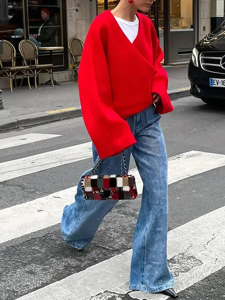 Red Women Chic V Neck Loose Sweater Casual Long Sleeves Knitted Warm Pullover New Autumn Female Fashion Knitwear Tops Aiertu