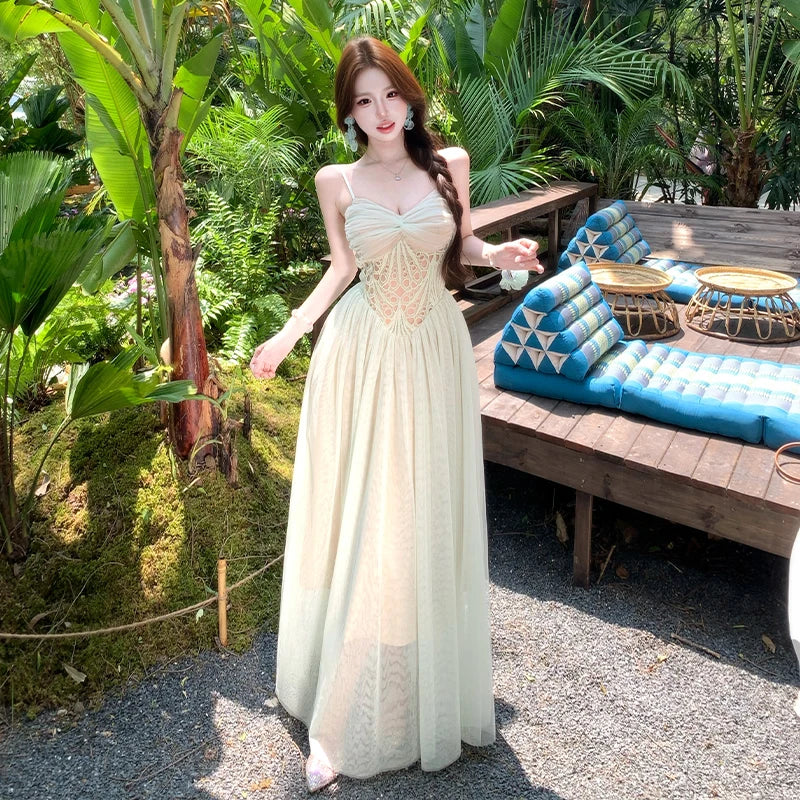 AIERTU  -  Summer French Elegant Fashion Holiday Dress Women's Mesh Patchwork Backless Spaghetti Strap Dress Design Beach Party Long Dress Aiertu