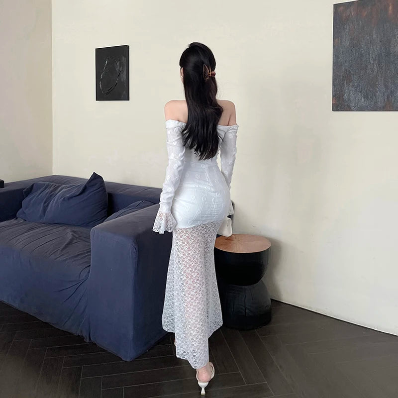 Aiertu Women's Elegant Dresses 2024 Spring New Pure Color Temperament Slim Fairy Style Lace Splicing Design Dresses Aiertu