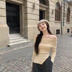 Aiertu Y2K Korean Women Pullover Sweet Knitted Slim Off Shoulder Long Sleeve Female Sweater Autumn New Irregulate Ladies Casual Jumpers aiertu