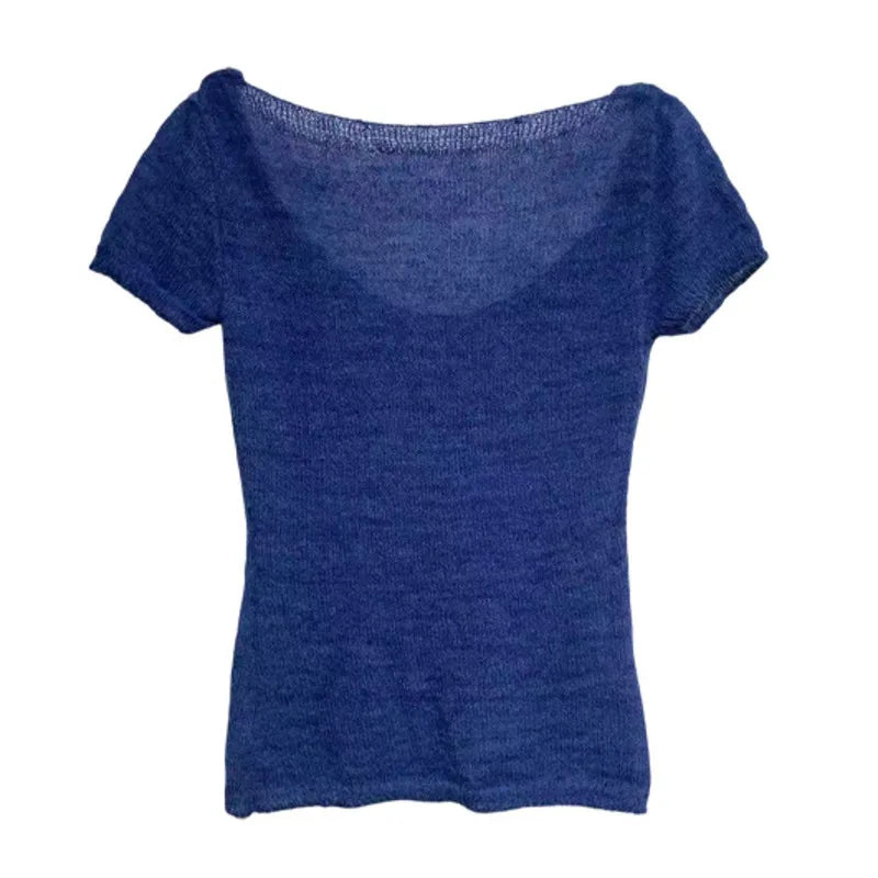 AIERTU  -  Knitted Short Sleeved T Shirt Women Transparent Sexy Thin Stretch Slim Fit Summer Solid Color Casual Street Fashion Daily Top Aiertu