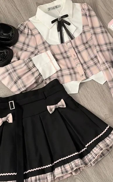 Aiertu Sweet College Plaid Patchwork Shirt Pleated Skirt Two-piece Set Women Korean Fashion Bow Retro Tie Cute Temperament Autumn Suit Aiertu