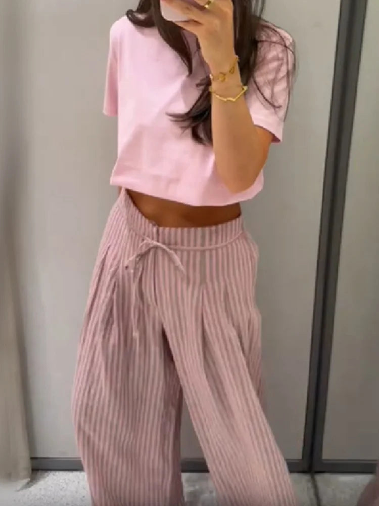 AIERTU  -  Striped Drawstring Wide Leg Pants Women High Waist Side Pocket Vertical Stripe Bottom Lady's Casual Outdoor Streetwear Trousers Aiertu