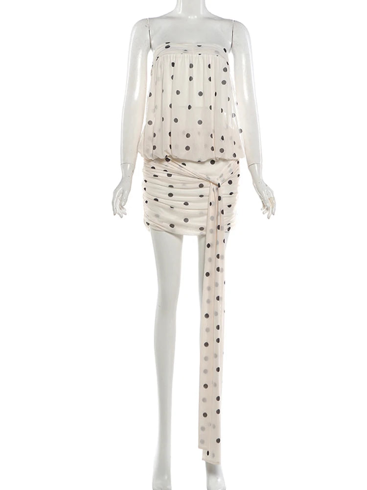 AIERTU  -  Mesh Patchwork Mini Dress Woman Polka Dot Print Wrap Chest Backless Tassel Decoration Y2K Style Ruched Elegant Bodycon Aiertu