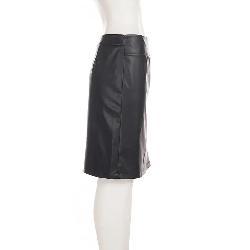AIERTU  -  PU Bodycon High Waist Midi Skirt Pencil Knee Length Side Zipper Glossy Smooth Night Out Party Solid Color Skirt Aiertu