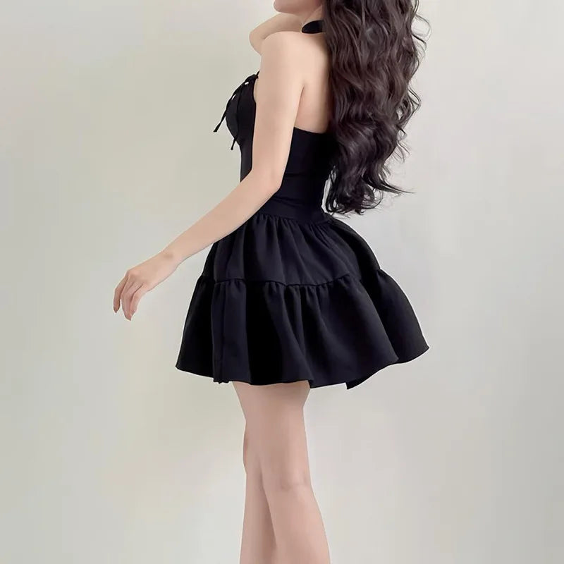 French Vintage Red Bow Tie Halter Neck Dress, Waist Slimming A-Line Puff Strap Mini Dress for Women Aiertu