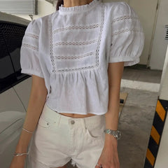 AIERTU  -  Korean Style Chic Short Sleeve Shirt Heavy Embellishment Lace Trimmed Lantern Sleeve Vintage Fashion Women's Shirt Summer Aiertu