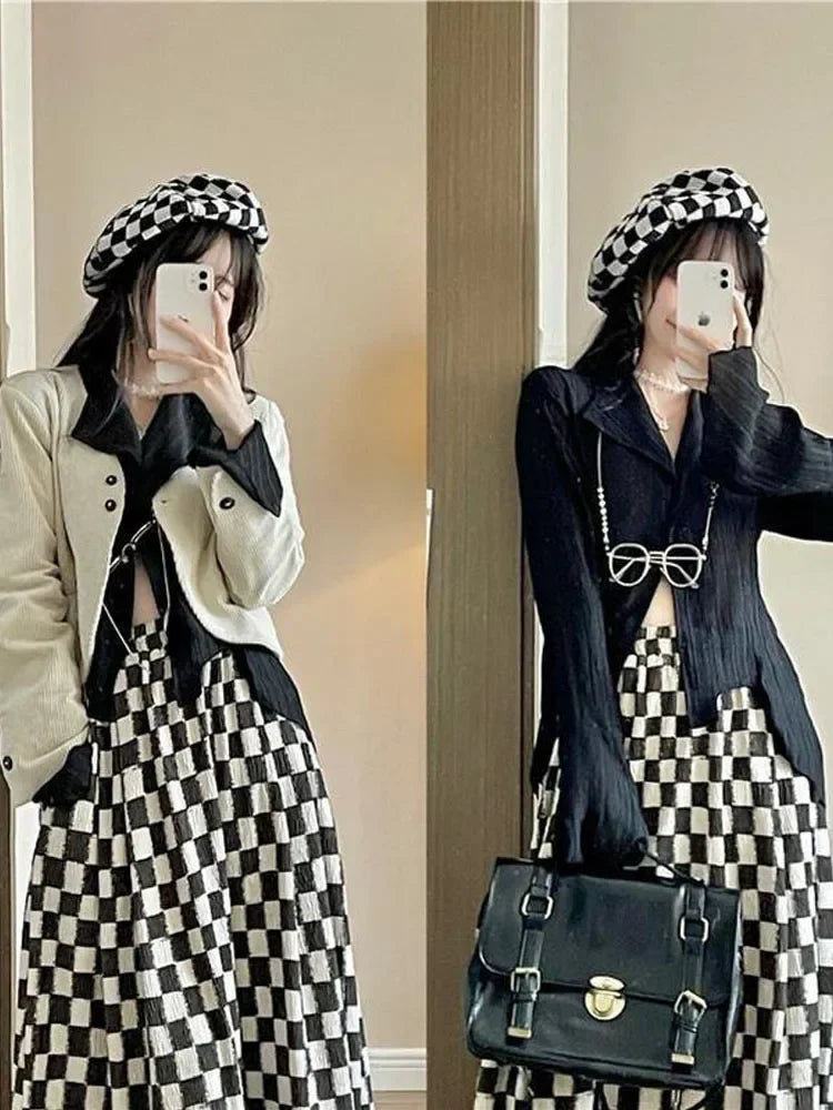 Aiertu Vintage Y2k Blouse Women Black Harjauku Gothic Shirt Pleated Button Up Korean Dark Tight Long Sleeve Aesthetic Female Aiertu