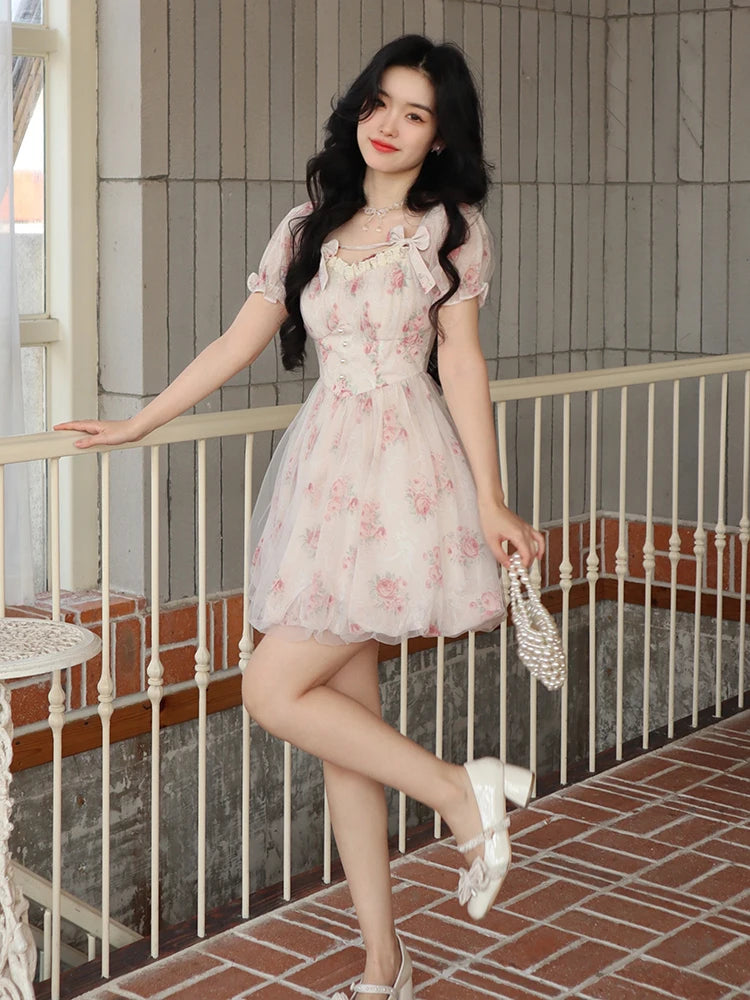 Aiertu Floral Sweet Fairy Bodycon Dresses for Women Elegant Party Print French Female Korean Fashion Cute Mini Dress Summer Pink Aiertu