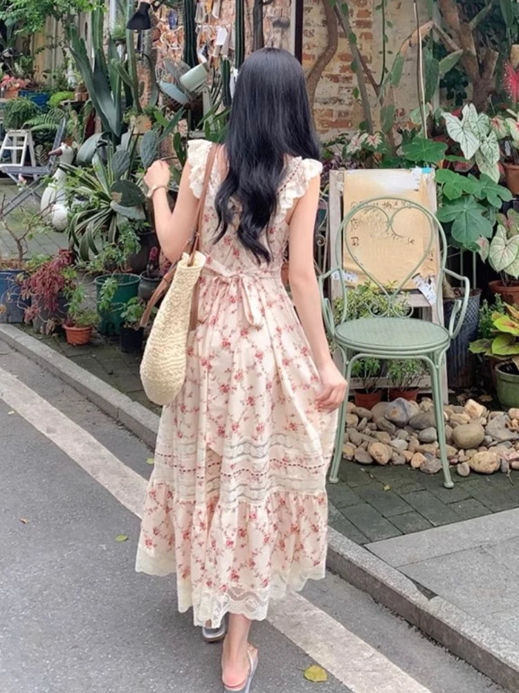 Aiertu Summer French Elegant Floral Midi Dress Beach Style Korean Fashion Lace Dress Evening Party Sexy Sleeveless Dress Woman Chic Aiertu
