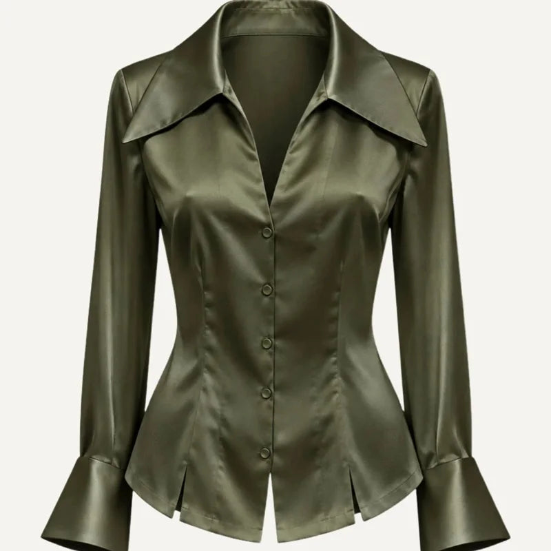 AIERTU  -  Satin Blouse Deep V Neck Button Front Long Sleeve Cinched Waist Daily Casual Office Slim Fit Collared Spring Autumn Blouse Aiertu
