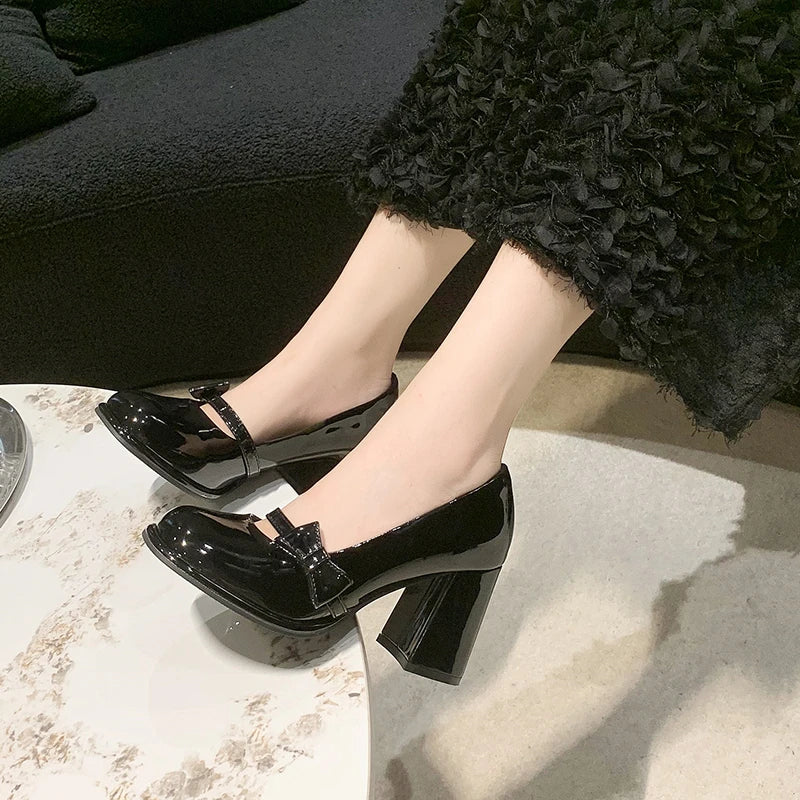 Aiertu Sweet Bowknot High Heels Mary Janes Women Cute Round Toe Patent Leather Pumps Woman Slip-On Square Heeled Bow Party Shoes Ladies Aiertu