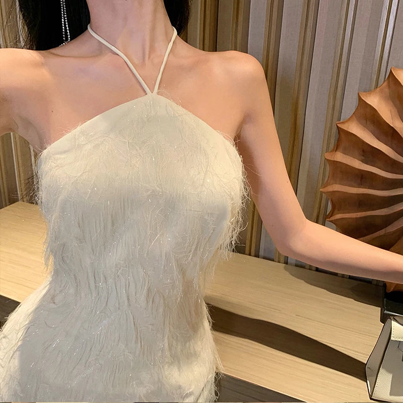 Aiertu White Halter Tassel Bandage Dress Women Summer Backless Sexy Club Dress Luxury Elegant Temperament Party Evening Dresses Aiertu
