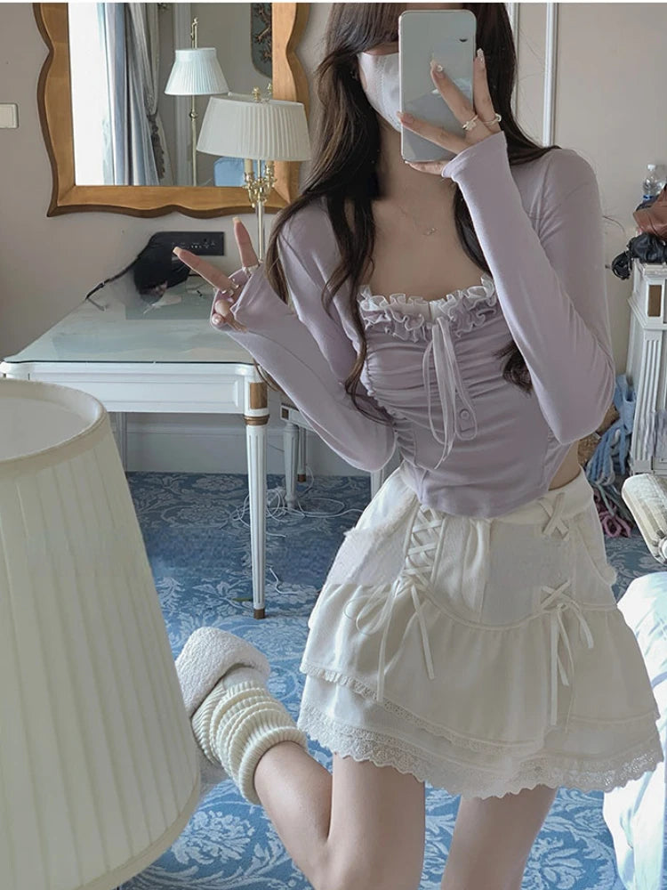 Aiertu 2024 Summer Lace Y2k Basic Crop Tops Women Pure Color Slim Korean T-shirt Fashion Office Lady Casual Clothing Female Design Sexy Aiertu