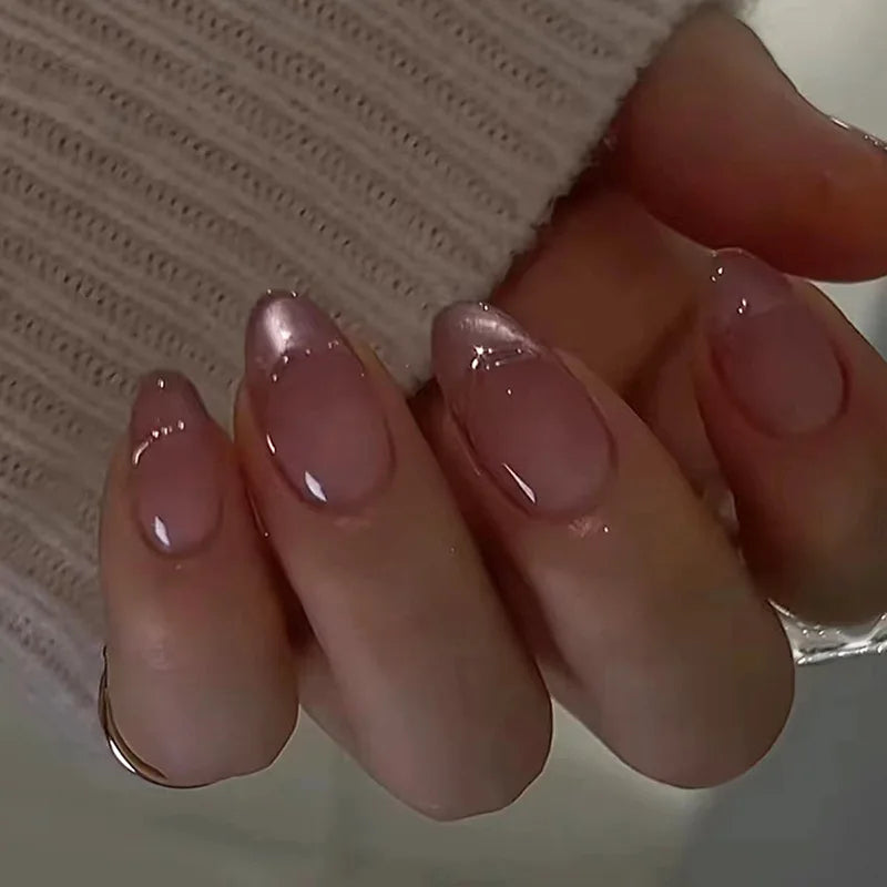 Aiertu 24Pcs Simple Green French False Nails Short Almond Fake Nails with Wave Line Design Wearable Round Head Press on Nail Tips Aiertu