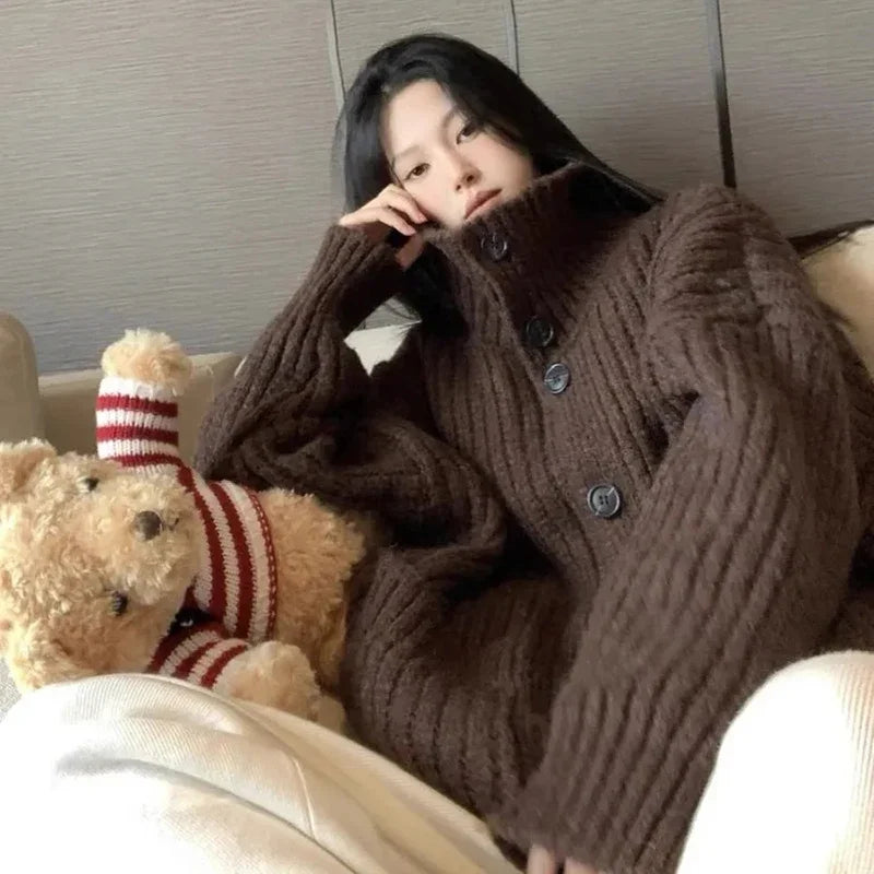Aiertu Loose Lazy Sweater Women Twist Fashion Knit Autumn Winter Warm Cardigan Harajuku Stand Collar Gray Vintage Female Jumpers aiertu