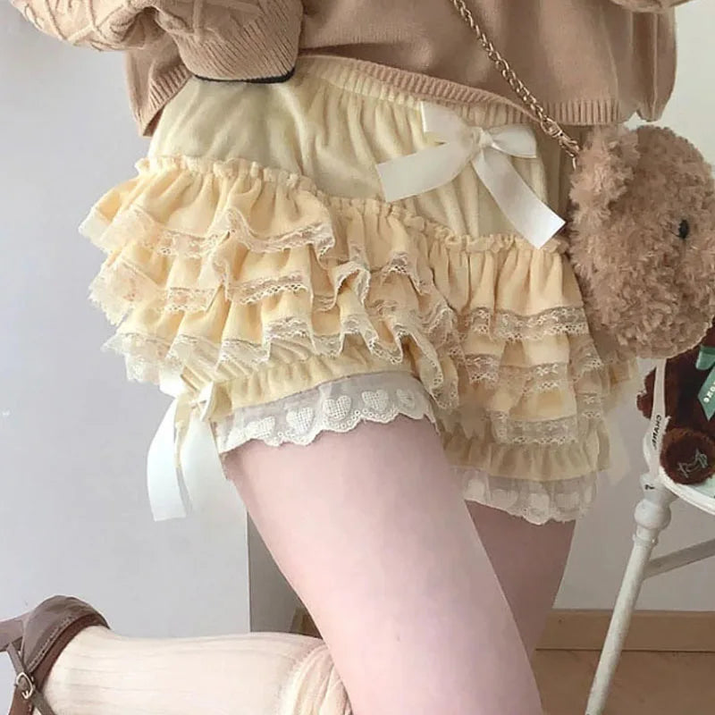 Autumn Winter Warm Lolita Safety Short Pants Women Sweet Chic Plush Bloomers Japanese Y2k Lace Bow Knickers Harajuku Cute Shorts Aiertu